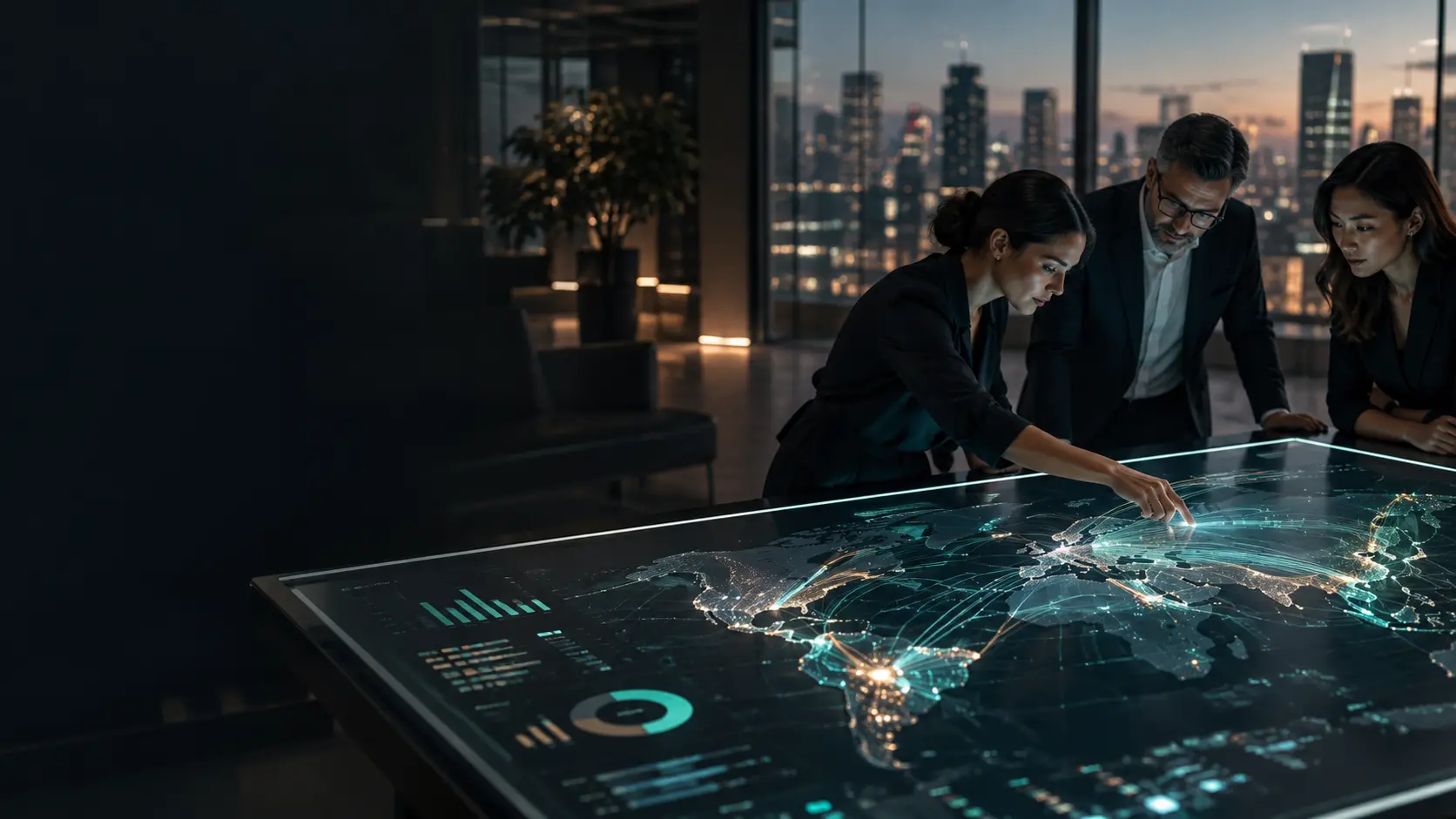 Three colleagues studying customer data on an interactive world-map table at night