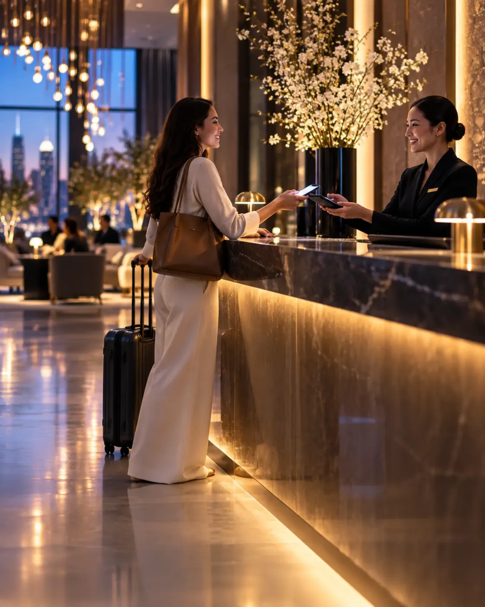 A guest completing a booking at a reception desk using her phone
