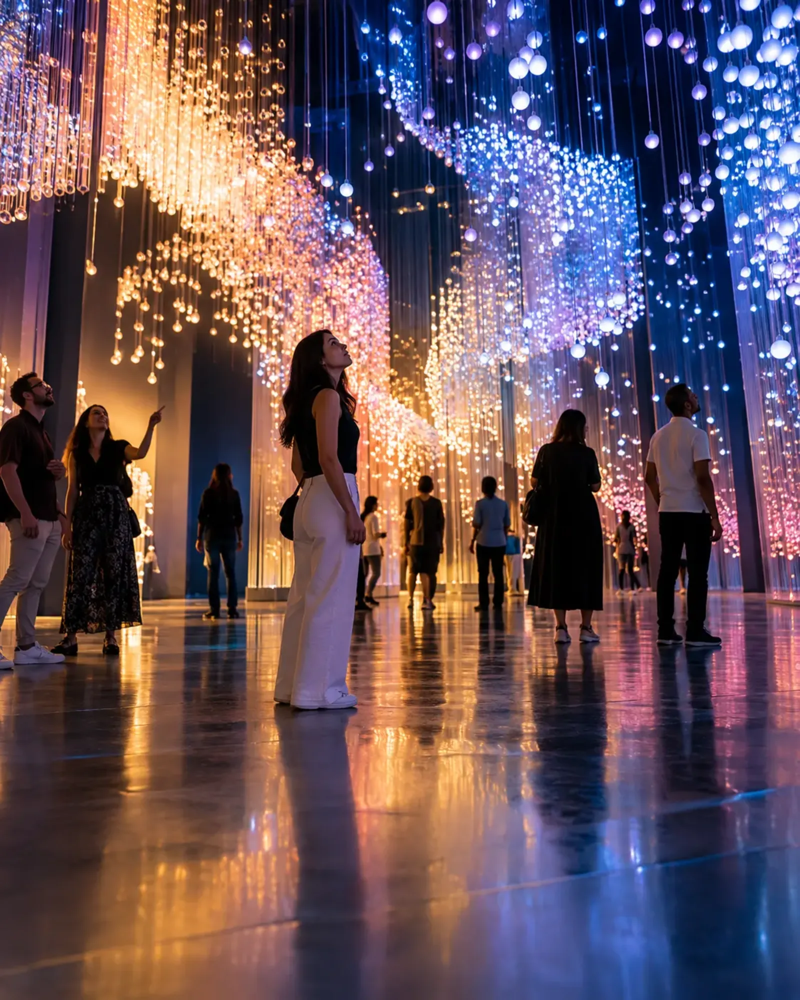 A visitor looking up inside a suspended light installation