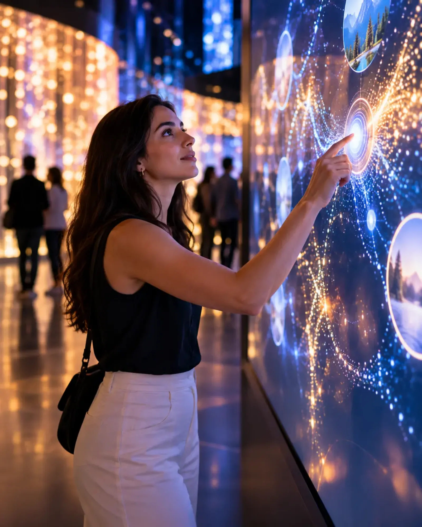 A visitor touching an interactive wall screen to follow a story