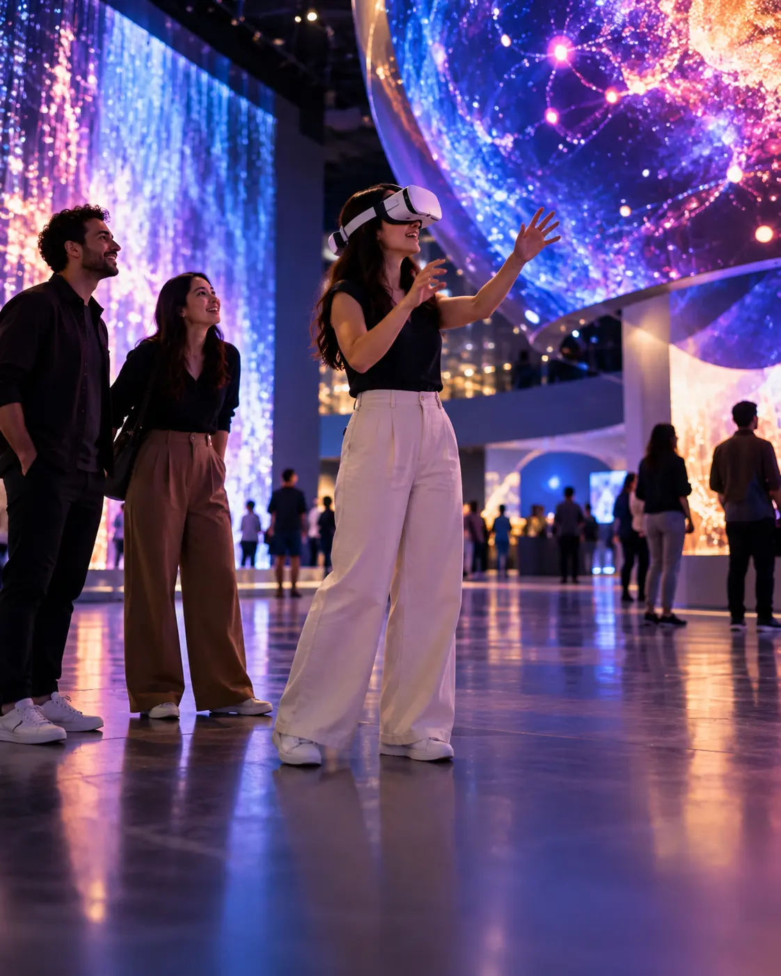 Visitors exploring a large illuminated digital sphere, one wearing a headset