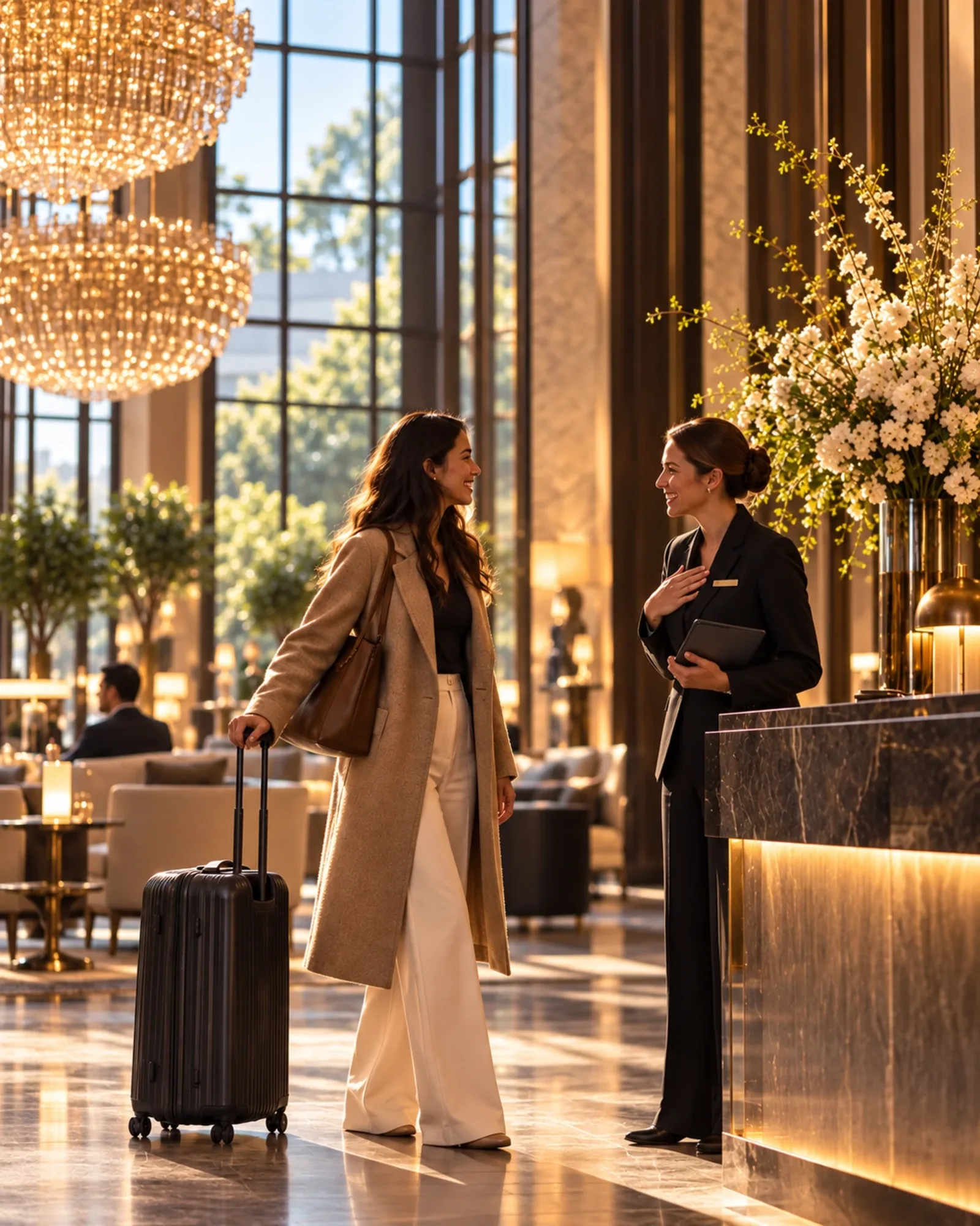 A returning guest greeted by name at a hotel reception desk