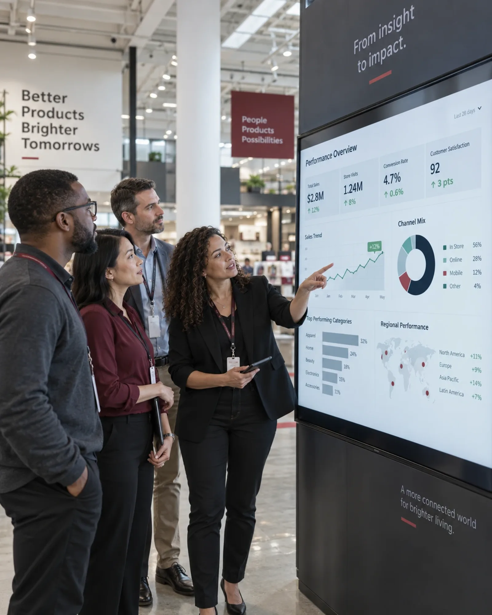 A team reviewing a shared performance dashboard on a large screen