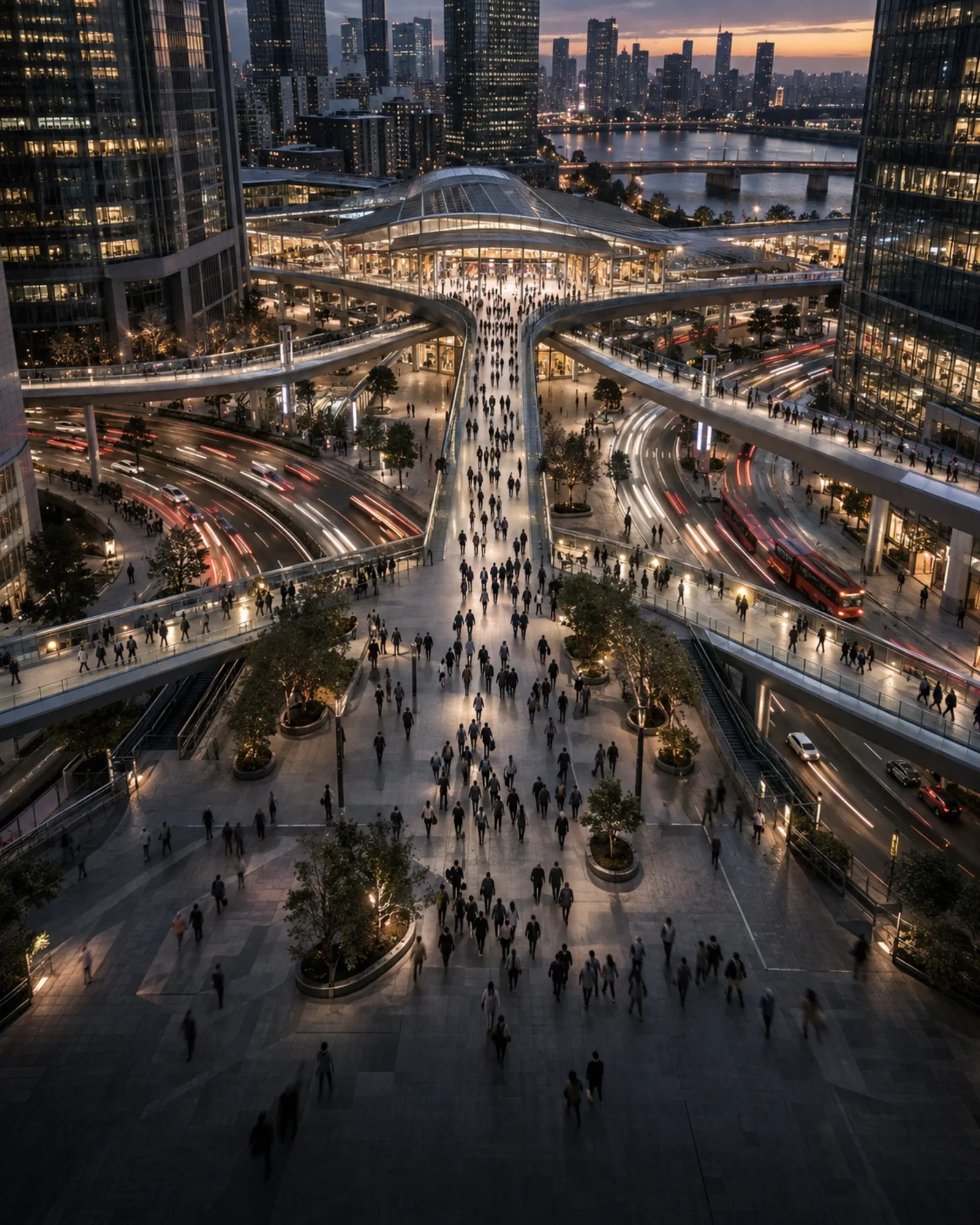 People crossing a lit city plaza at dusk, seen from above