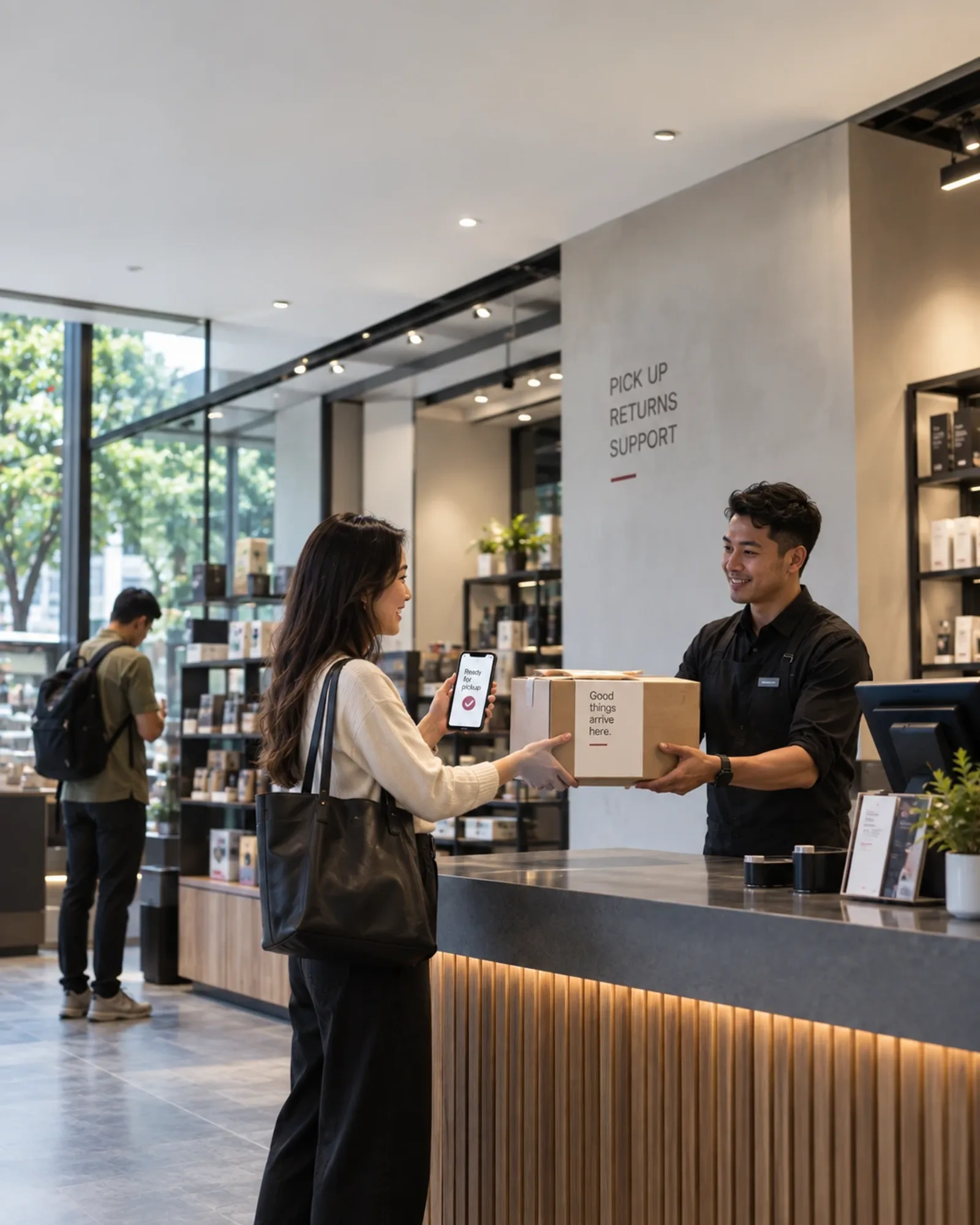 A customer collecting an order at a store counter, showing a confirmation on her phone