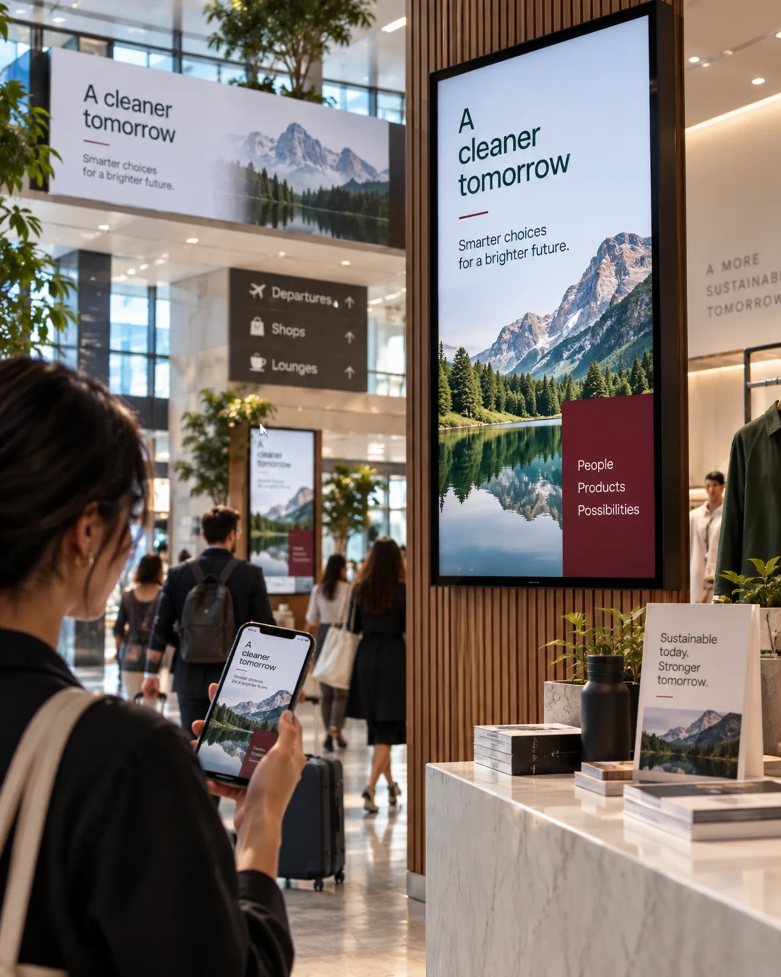 A visitor comparing a store display screen with the same campaign on her phone