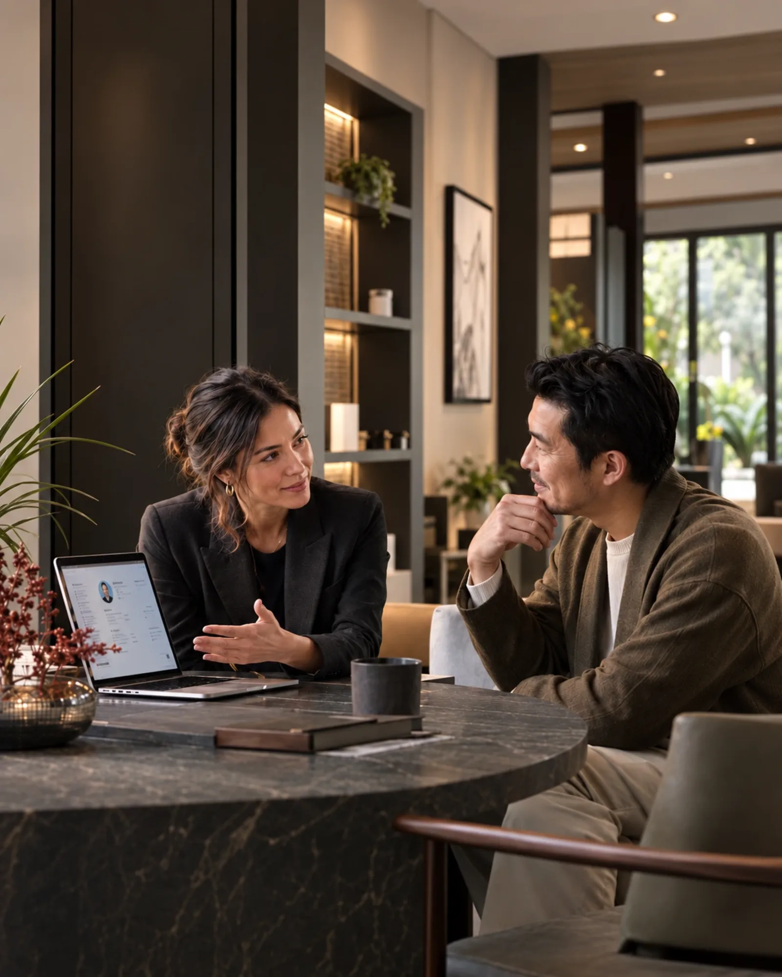 An adviser and a client talking beside a laptop showing a customer record
