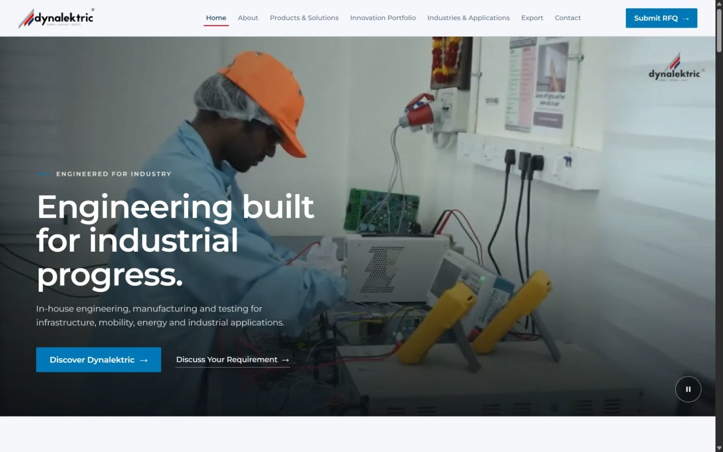 The live Dynalektric website with its industrial engineering and manufacturing homepage