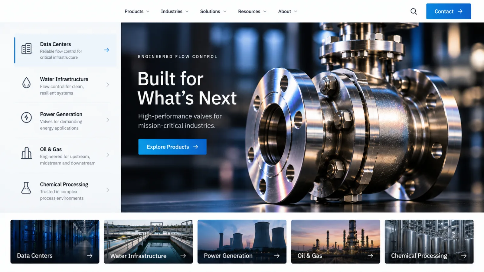 A digital-experience concept for an industrial valve portfolio, with industry pathways beside a product-led homepage