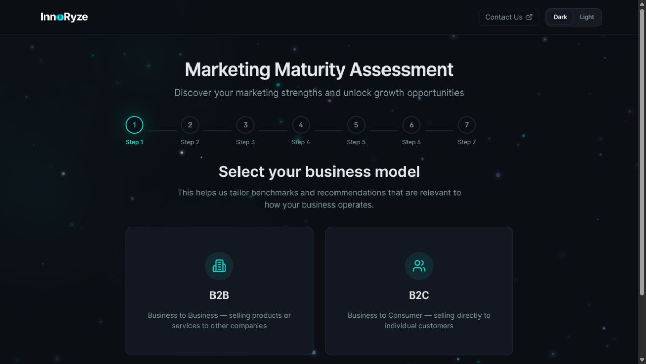 The live IMMA assessment showing business-model selection for B2B and B2C organizations