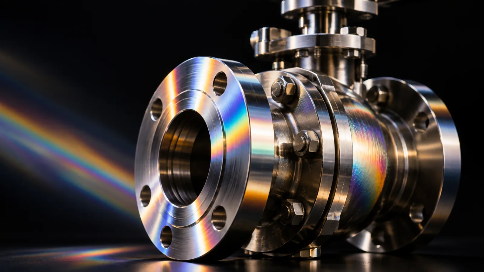 A precision-machined flanged industrial valve assembly, lit in a studio